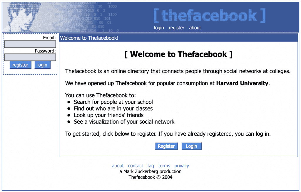 Home page of one of the first Facebook versions